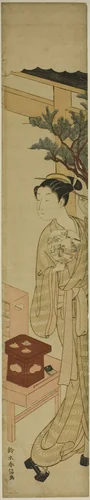 The Waitress Osen of the Kagiya Teahouse Holding a Fan by Suzuki Harunobu (鈴木春信), print, 1763-1770