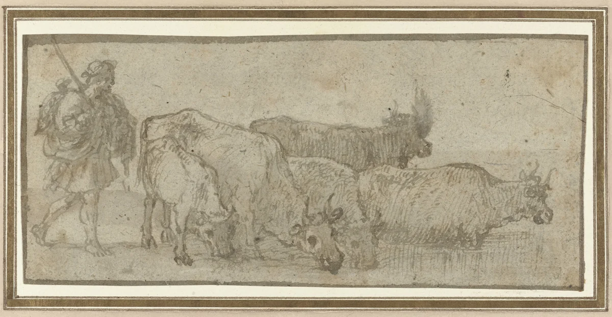 Herder met zijn kudde runderen bij een wed by Claude Lorrain, drawing, 1630-1635