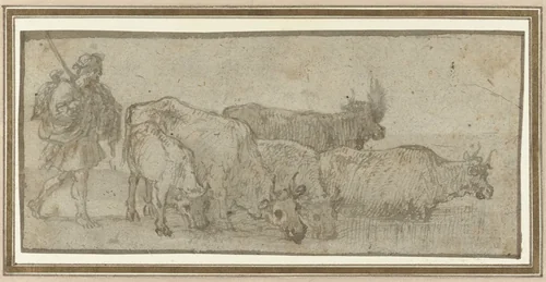 Herder met zijn kudde runderen bij een wed by Claude Lorrain, drawing, 1630-1635