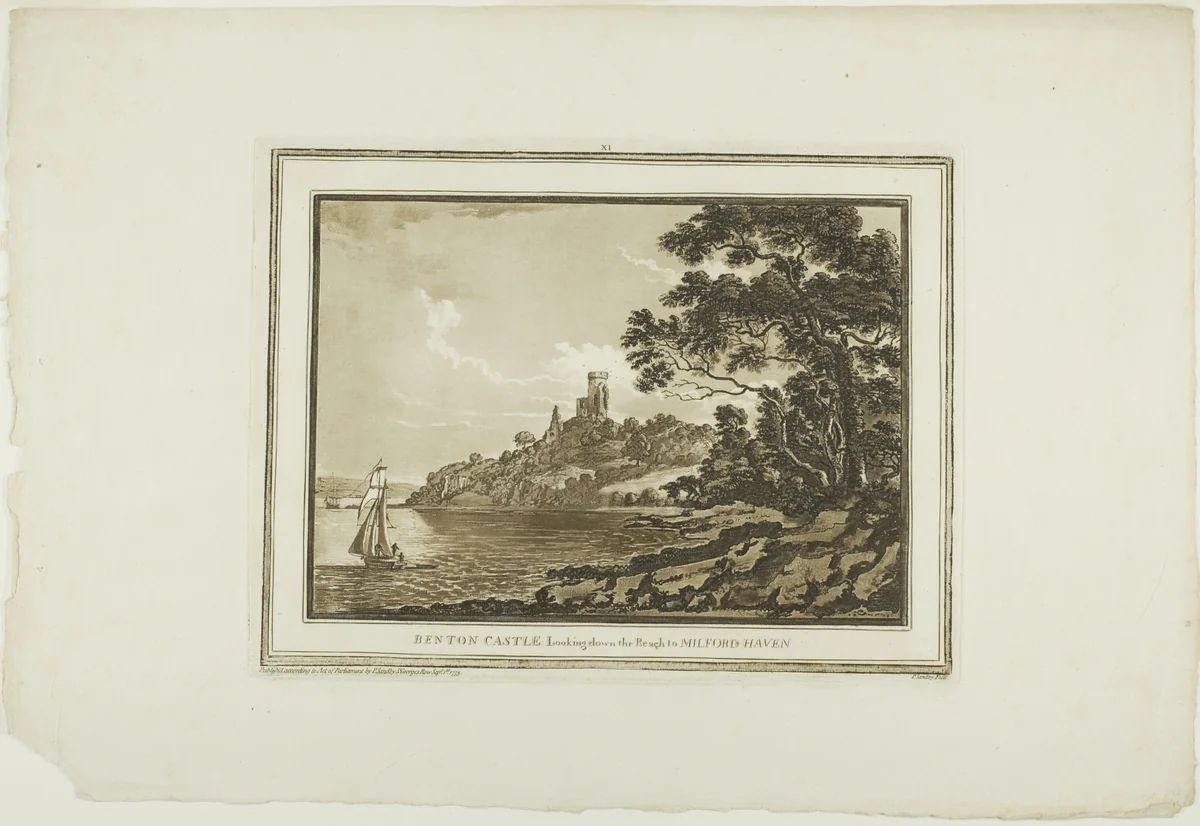 Benton Castle Looking down the Reach to Milford Haven, plate eleven from Twelve Views in South Wales by Paul Sandby, print, 1775