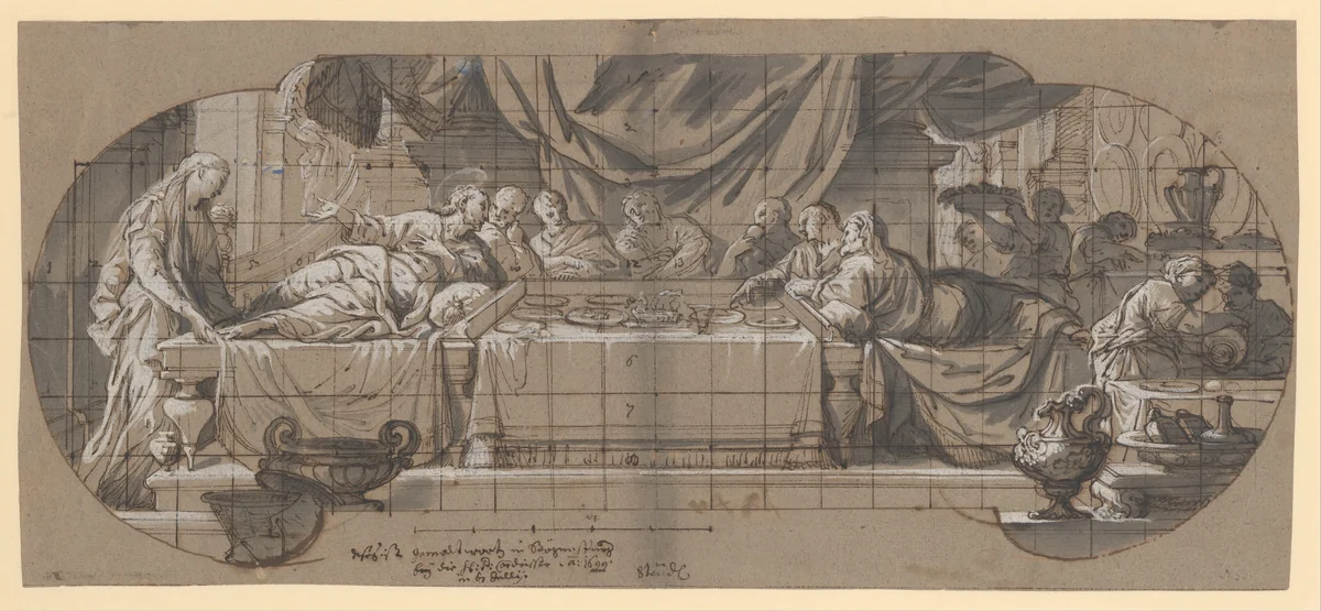 Feast in the House of Simon by Melchior Steidl, drawing, 1690-1699