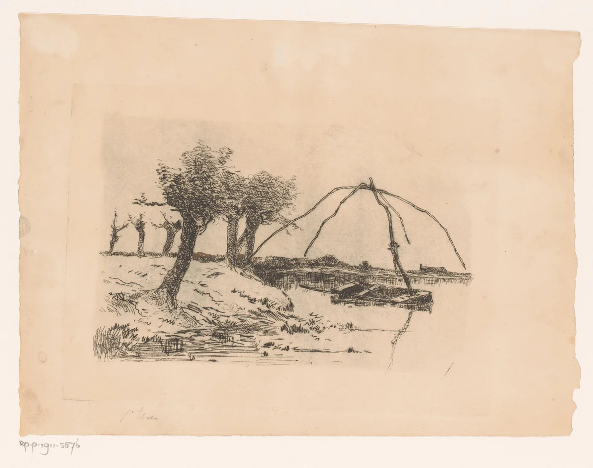 Landschap met knotwilgen, in het water een roeiboot met een totebel by Adrien Le Mayeur, print, 1854-1911