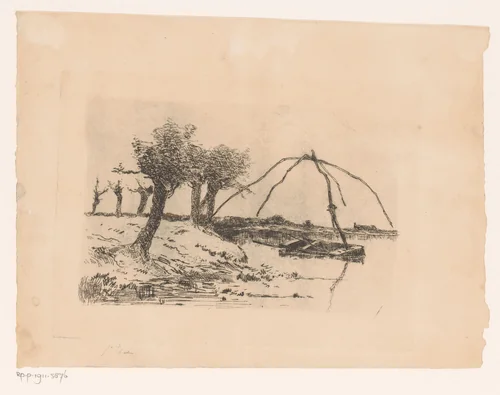 Landschap met knotwilgen, in het water een roeiboot met een totebel by Adrien Le Mayeur, print, 1854-1911