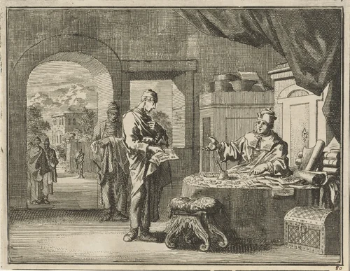 Gelijkenis van de onrechtvaardige rentmeester by Jan Luyken, print, 1712