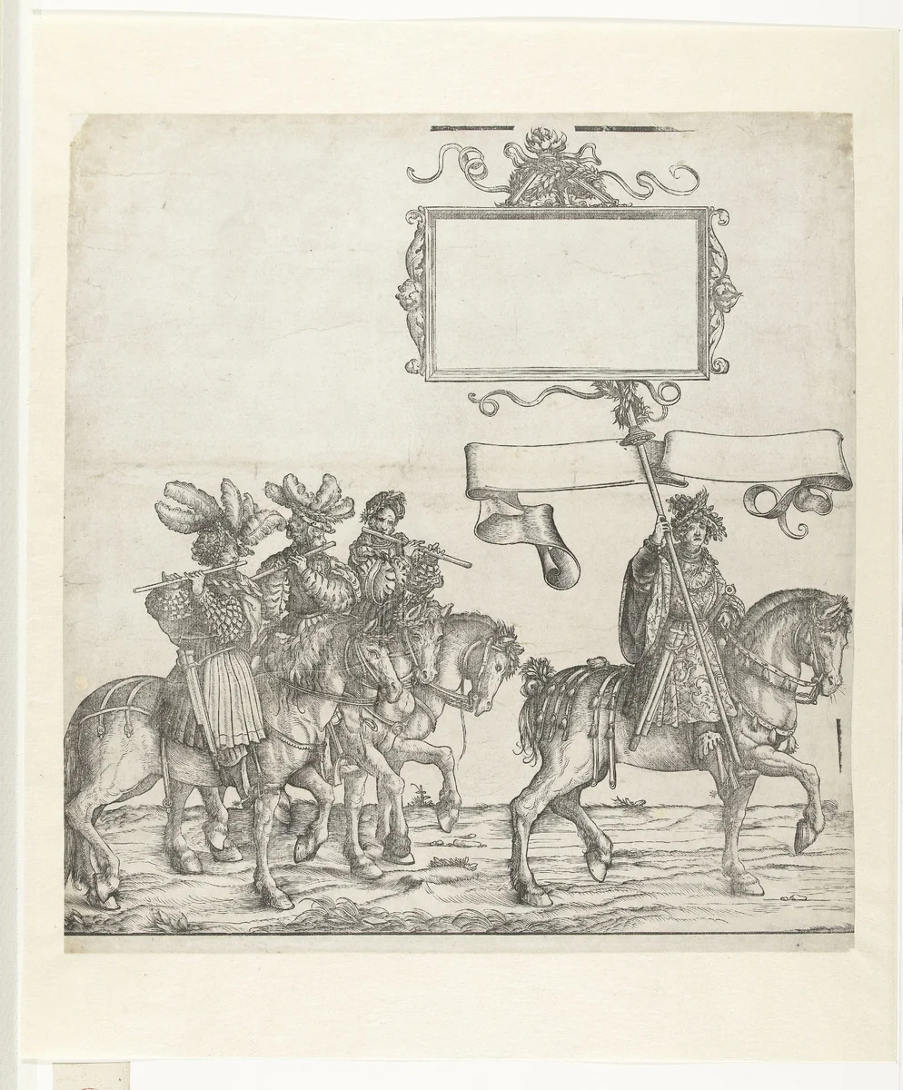 Fluitspelers en standaarddrager te paard by Unknown, print, 1483-1526