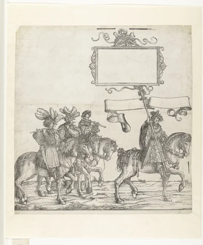 Fluitspelers en standaarddrager te paard by Unknown, print, 1483-1526