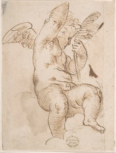 Cupid Seated on a Cloud and Holding a Palm (?) by anonymous, drawing, 1500-1600