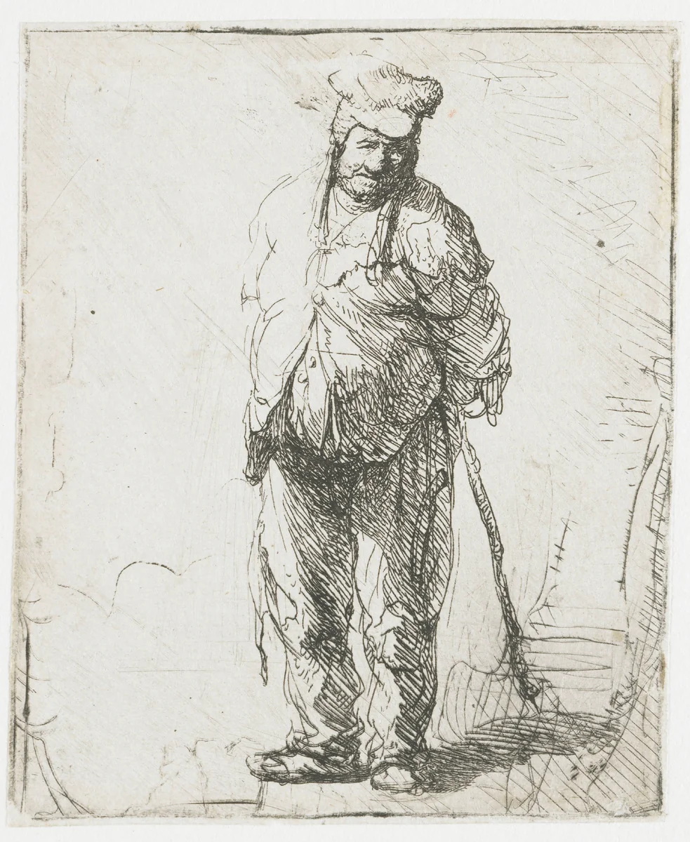 Ragged peasant with his hands behind him, holding a stick by Rembrandt van Rijn, print, 1630