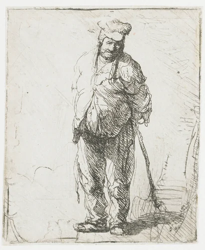 Ragged peasant with his hands behind him, holding a stick by Rembrandt van Rijn, print, 1630