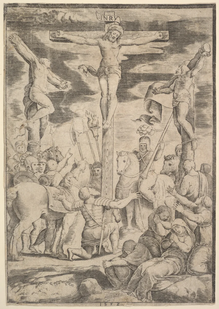 The conversion of the Centurion who flings his arms open before Christ on the cross by Master of the Die, print, 1532