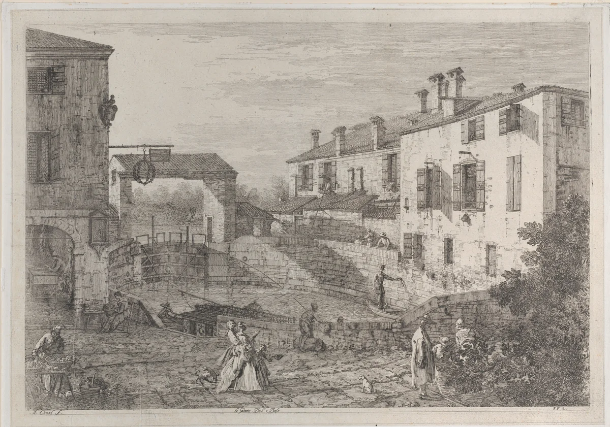 Le porte del Dolo: the oval basin of the locks at Dolo, with a barge moored to the quay by Canaletto, print, 1735-1746
