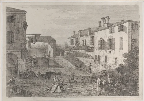 Le porte del Dolo: the oval basin of the locks at Dolo, with a barge moored to the quay by Canaletto, print, 1735-1746