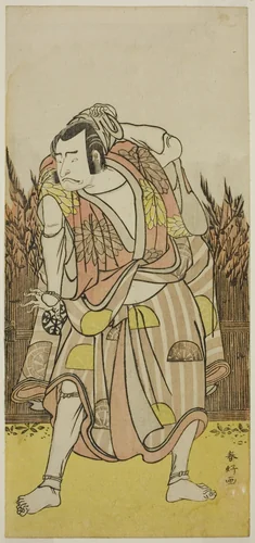 The Actor Nakamura Nakazo I as Hachiman Taro Yoshiie (?) in the Play Oshu Adachi ga Hara (?), Performed at the Nakamura Theater (?) in the Fourth Month, 1775 (?) by Katsukawa Shunko, print, 1770-1780