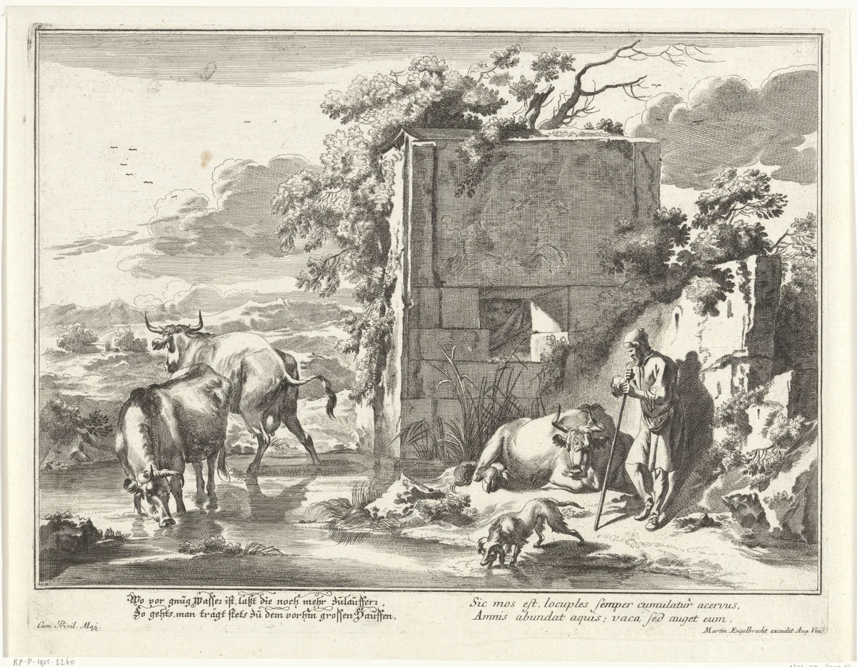 Oude herder leunend op zijn staf by anonymous, print, 1699-1756