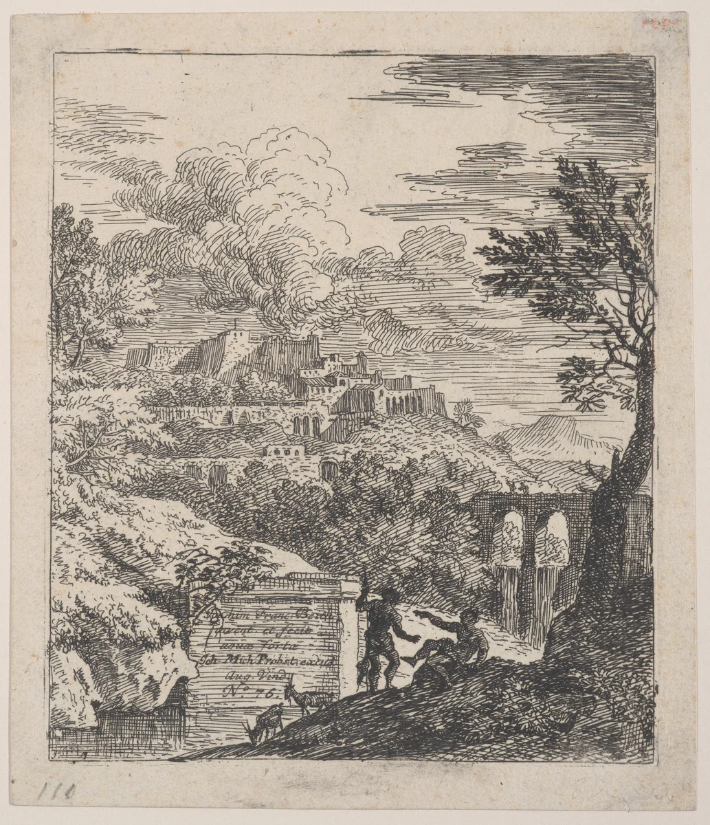 Two shepherds resting next to a pedestal, an aqueduct at right in the background, and a city on a hill at left in the background, from 'Landscapes in the manner of Gaspar Dughet' by Franz Joachim Beich, print, 1695-1730