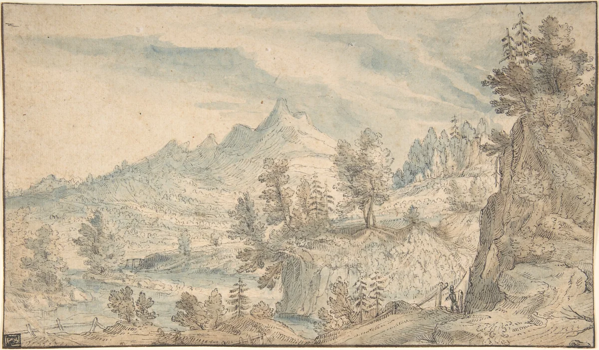 The Salzach Valley with a View of the Watzmann Massif in the Background by Frederik van Valkenborch, drawing, 1590-1605