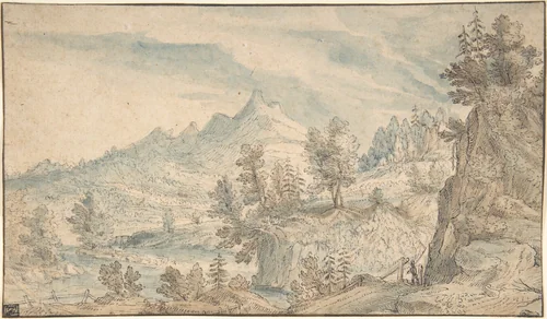 The Salzach Valley with a View of the Watzmann Massif in the Background by Frederik van Valkenborch, drawing, 1590-1605