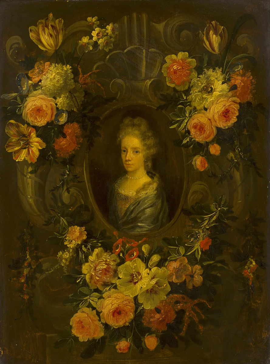 Portrait of a Lady Encircled by a Wreath of Flowers by Jean Baptiste Morel, painting, 1690