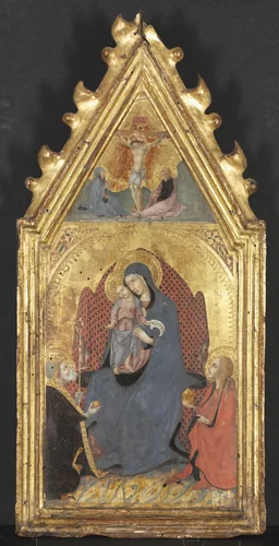 Virgin and Child Adored by Saints Mary Magdalene and Nicolas of Bari; Christ Crucified with the Virgin and Saint John the Evangelist by Sano di Pietro, painting, 1400-1499