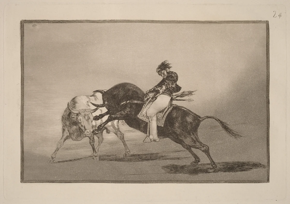 El mismo Ceballos montado sobre otro toro quiebra rejones en la plaza de Madrid (The Same Ceballos Mounted on Another Bull Breaks Short Spears in the Ring at Madrid) by Francisco Goya, portfolio, 1816