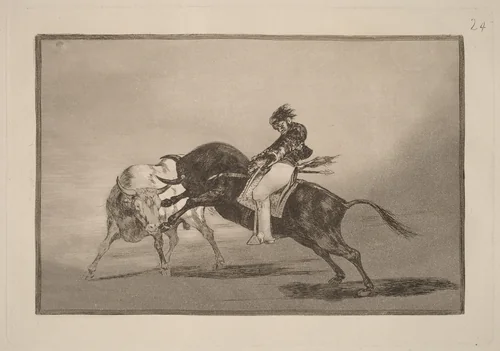 El mismo Ceballos montado sobre otro toro quiebra rejones en la plaza de Madrid (The Same Ceballos Mounted on Another Bull Breaks Short Spears in the Ring at Madrid) by Francisco Goya, portfolio, 1816