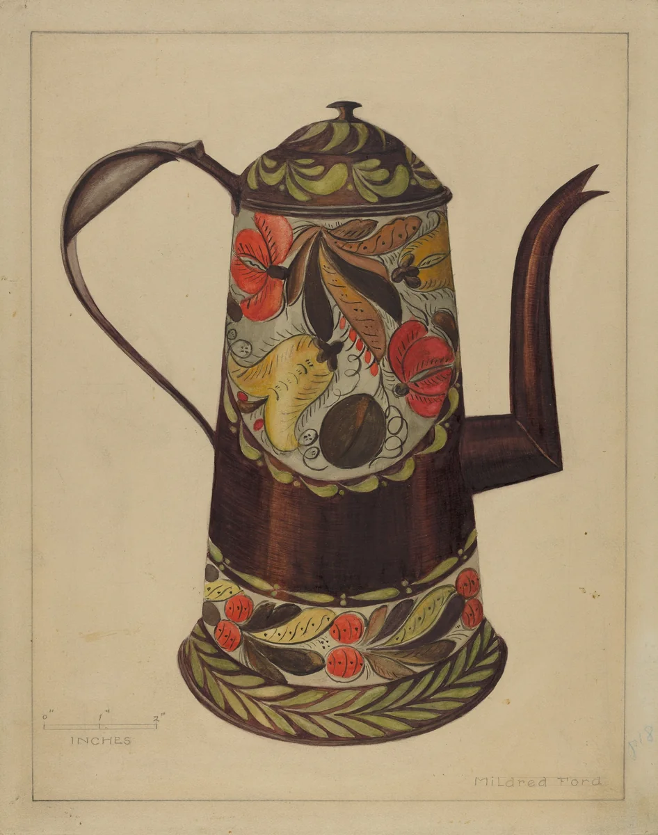 Toleware Coffee Pot by Mildred Ford, index of american design, 1935-1942