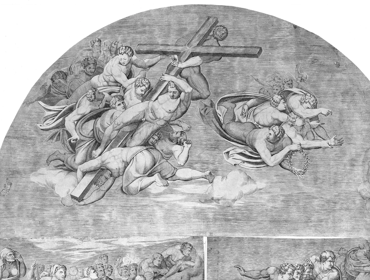 Angels Carrying the Cross with Saints below (upper left section of the Last Judgment) by Niccolò della Casa, print, 1548