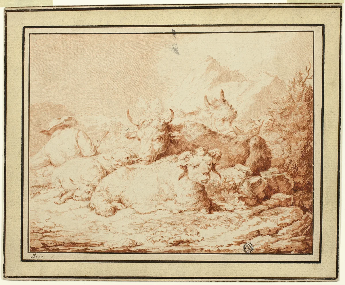Cattle and Sheep with Herdsman in Rocky Landscape by Johann Heinrich Roos, drawing, 1651-1685