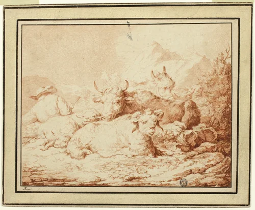 Cattle and Sheep with Herdsman in Rocky Landscape by Johann Heinrich Roos, drawing, 1651-1685