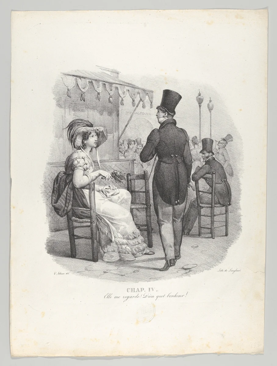 Chap. IV: Elle me regard! Dieu quel bonheur! (She notices me! What happiness!) by Victor Adam, print, 1824