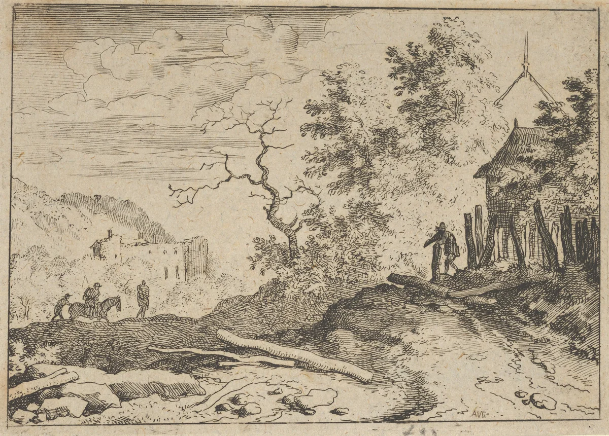The Hut with the Ruinous Hedge by Allart van Everdingen, print, 1621-1675