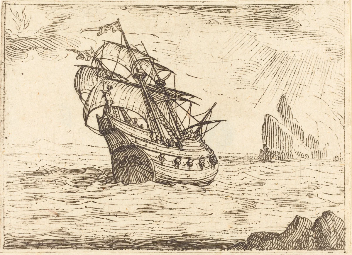 Ship Navigating Near Rocks by Jacques Callot, print, 1592-1635