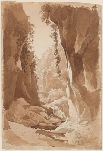 Cliffs Overhanging a River Gorge near Sorrento (recto) by Johann Joachim Faber, drawing, 1823