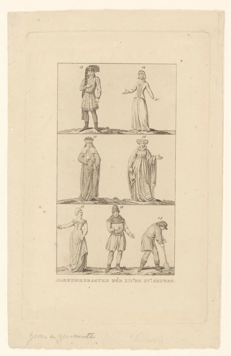 Zeven figuren in klederdracht uit de veertiende en vijftiende eeuw by anonymous, print, 1800