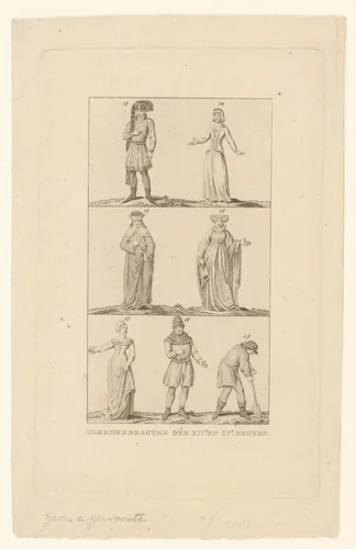 Zeven figuren in klederdracht uit de veertiende en vijftiende eeuw by anonymous, print, 1800