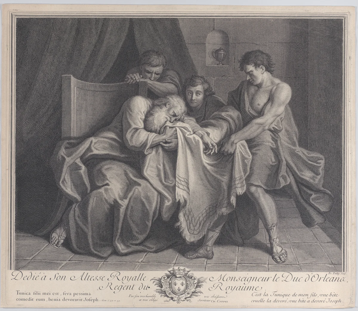 An old man crying into a tunic while his sons pull it away from him by Francois de Poilly, print, 1724