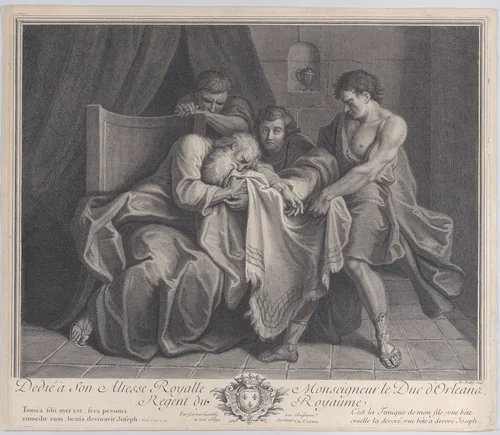 An old man crying into a tunic while his sons pull it away from him by Francois de Poilly, print, 1724