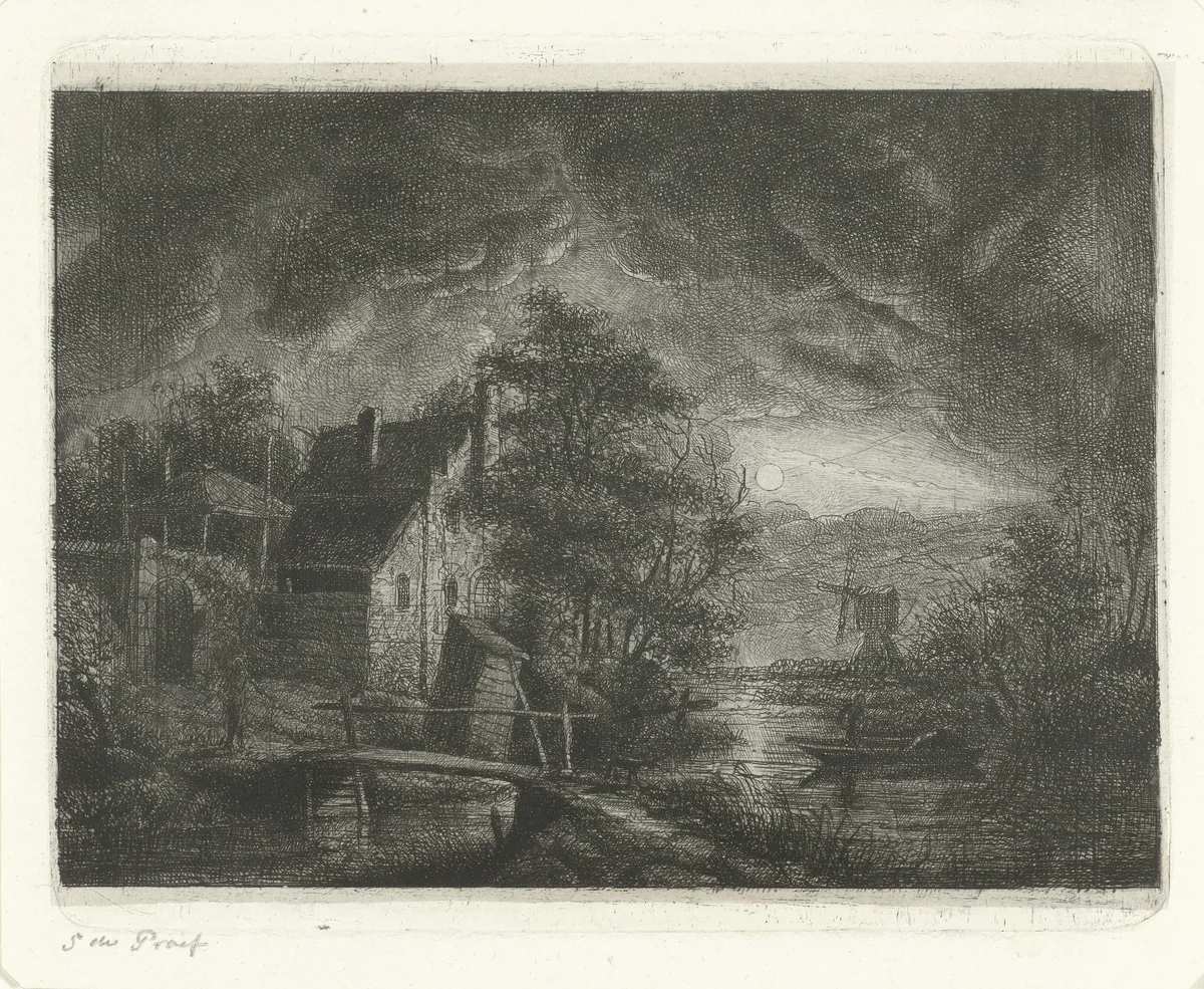 Landschap bij maanlicht by Jacobus Ludovicus Cornet, print, 1825-1882