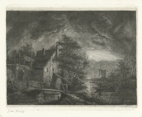 Landschap bij maanlicht by Jacobus Ludovicus Cornet, print, 1825-1882
