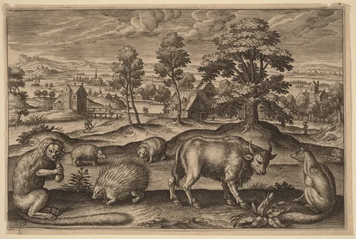 A Monkey, a Porcupine, Two Hedgehogs, a Buffalo and a Fox by Adriaen Collaert, print, 1592-1602