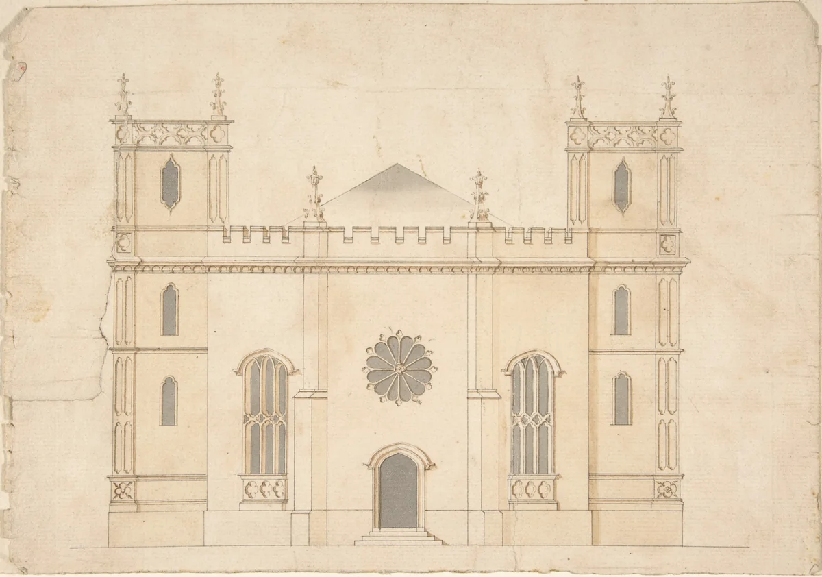 Façade of a Gothic Revival Church by Henry Keene, drawing, 1745-1776