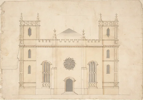Façade of a Gothic Revival Church by Henry Keene, drawing, 1745-1776