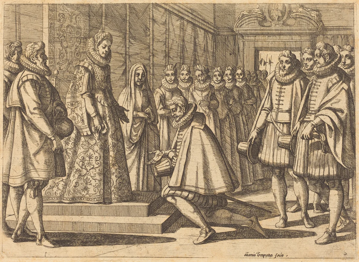 Philip of Spain before Margaret of Austria by Antonio Tempesta, print, 1612