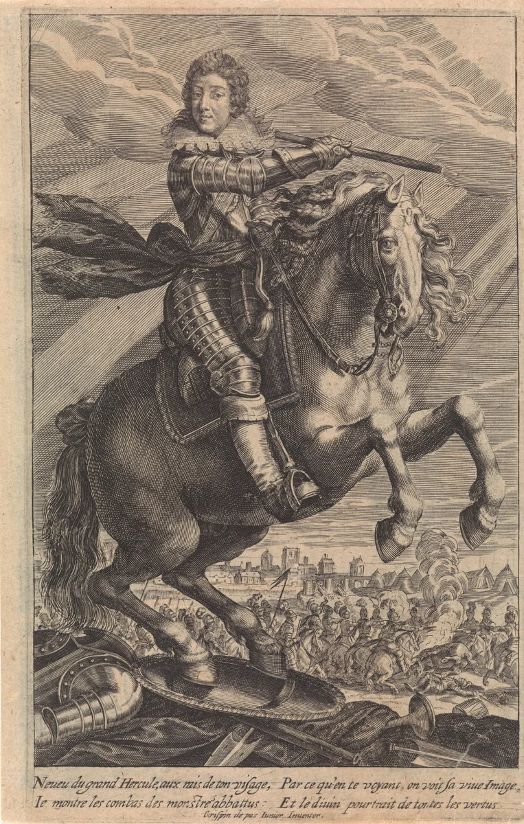 Portret van Lodewijk XIII, te paard by Crispijn van de Passe, print, 1625