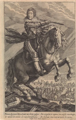 Portret van Lodewijk XIII, te paard by Crispijn van de Passe, print, 1625