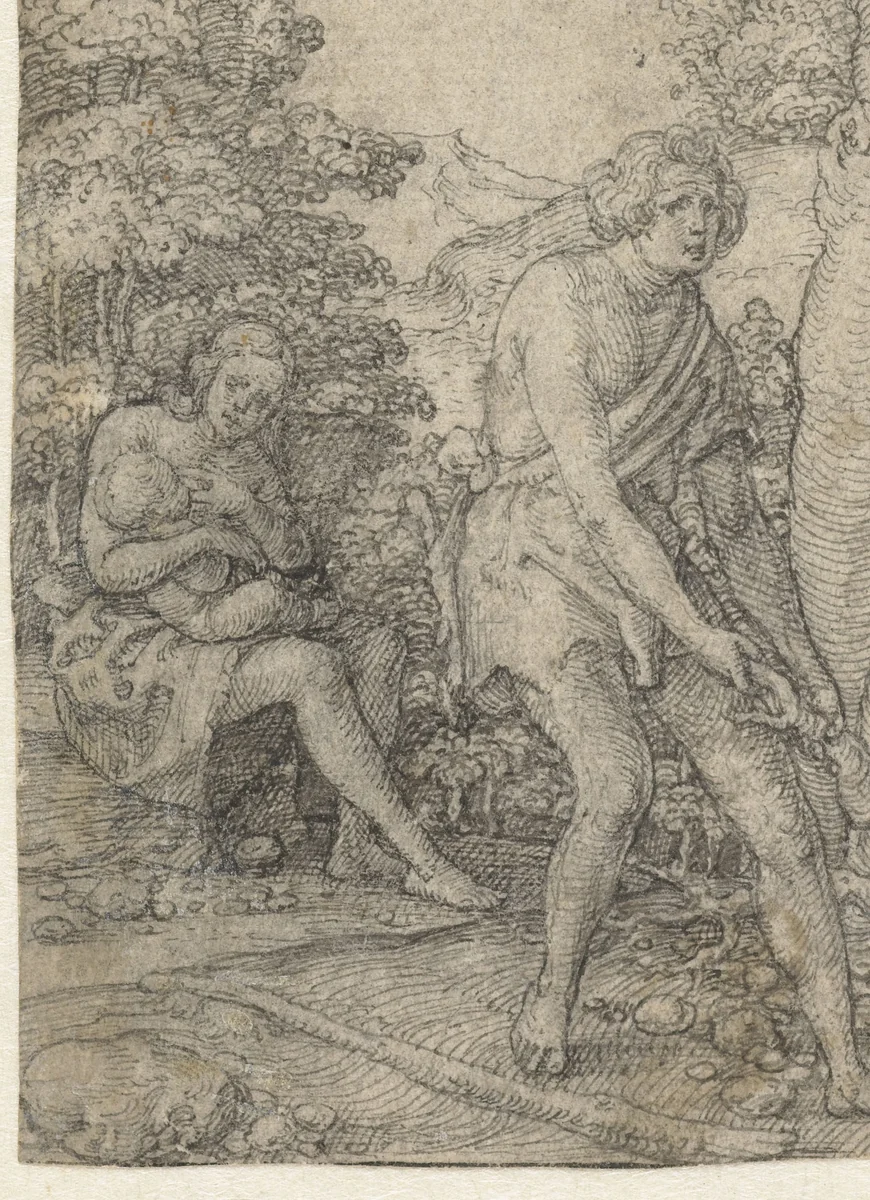 Adam beploegt de aarde, Eva zoogt haar kind by Heinrich Aldegrever, drawing, 1535-1540
