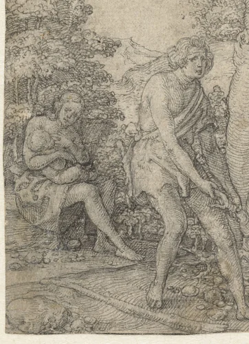 Adam beploegt de aarde, Eva zoogt haar kind by Heinrich Aldegrever, drawing, 1535-1540