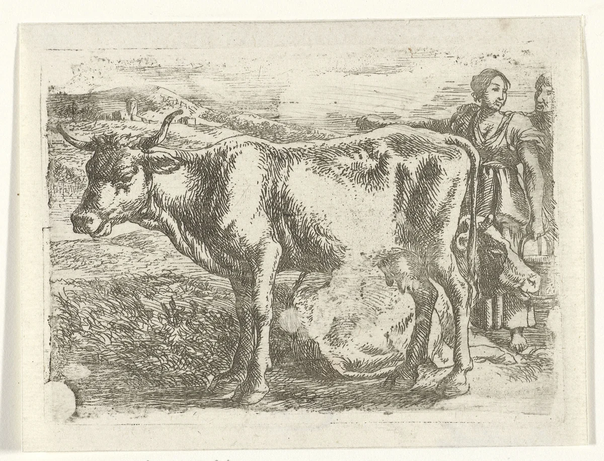Melkmeid met koe by Jan van Ossenbeeck, print, 1647-1674