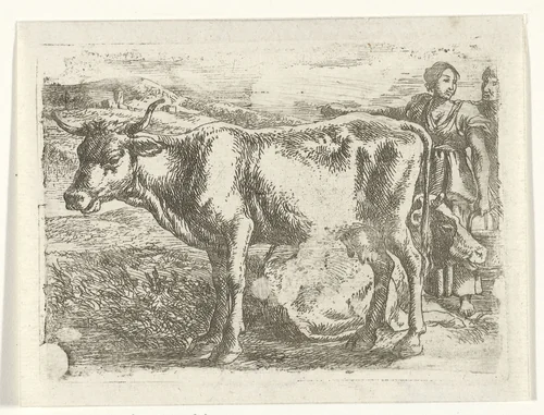 Melkmeid met koe by Jan van Ossenbeeck, print, 1647-1674