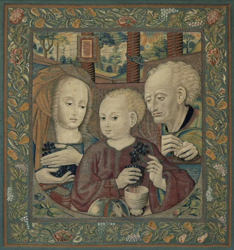 The Holy Family with the Infant Christ Pressing the Wine of the Eucharist by Southern Netherlands, textile, 1485-1525